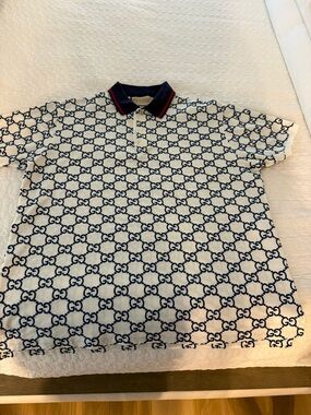 Gucci White Polo with Navy All-Over GG Pattern and Red-Trim Collar